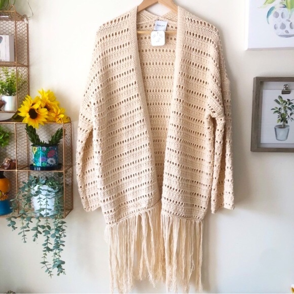 Crochet Knit Fringe Cardigan Boho Dreams by Gilli Natural Beige Size Medium - Picture 2 of 14